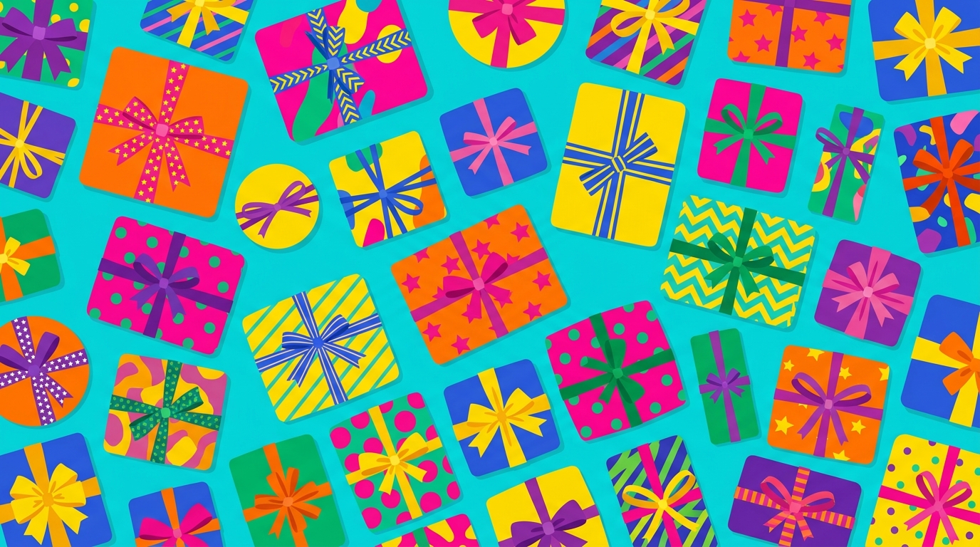 Minimal flat illustration of wrapped gift boxes with ribbons, high-angle view from above, vivid colors, high contrast, energetic, 16:9 aspect ratio