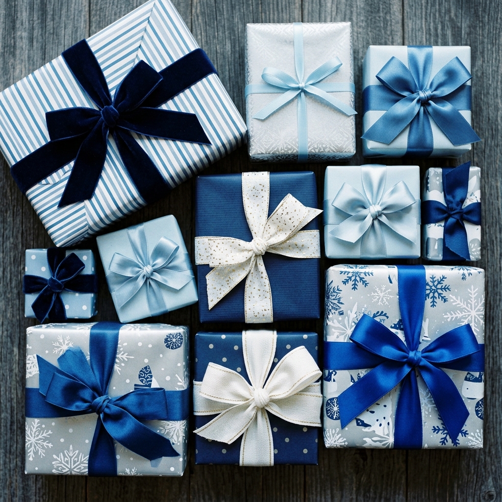 Photorealistic photo of wrapped gift boxes with ribbons, high-angle view from above, cool blue tones, quiet atmosphere, 1:1 aspect ratio