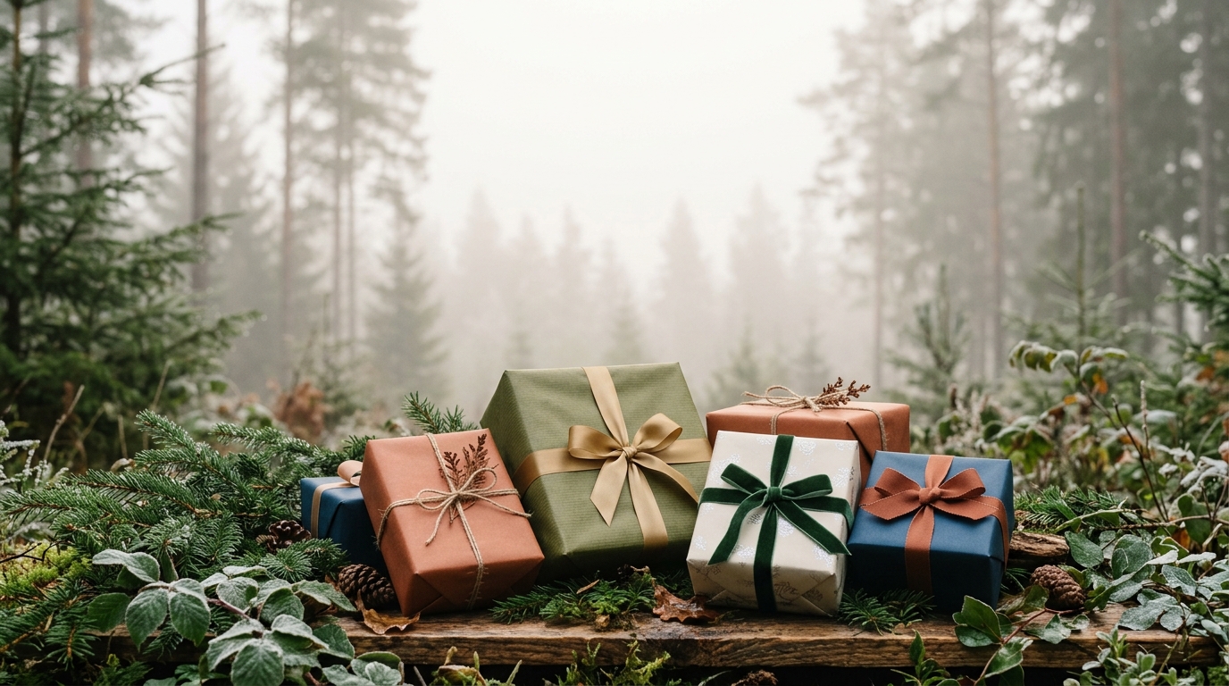 Photorealistic photo of wrapped gift boxes with ribbons, wide shot with open space at the top for text, misty morning haze, dreamy, 16:9 aspect ratio