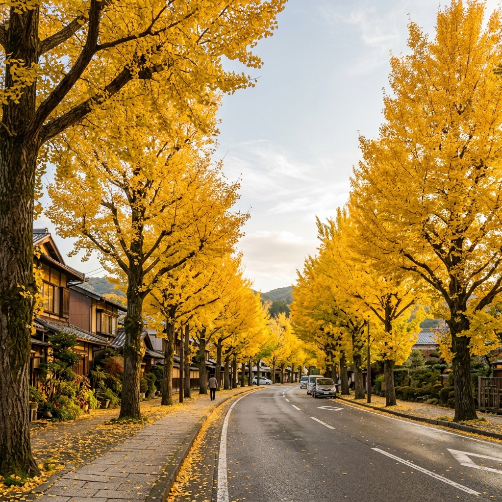 Photorealistic photo of yellow ginkgo trees along a street, wide shot with open space at the top for text, warm golden light, calm mood, 1:1 aspect ratio