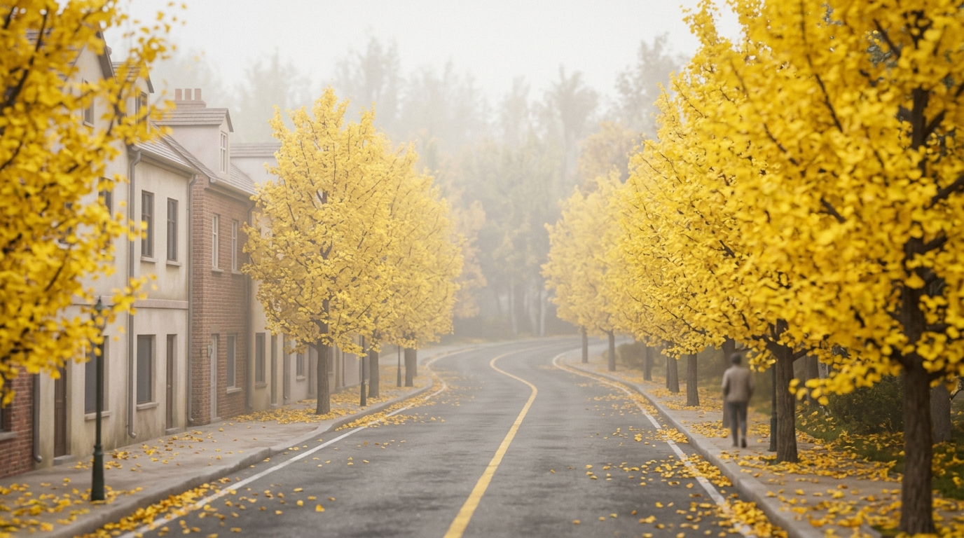 Soft 3D render of yellow ginkgo trees along a street, centered subject with a simple uncluttered composition, misty morning haze, dreamy, 16:9 aspect ratio