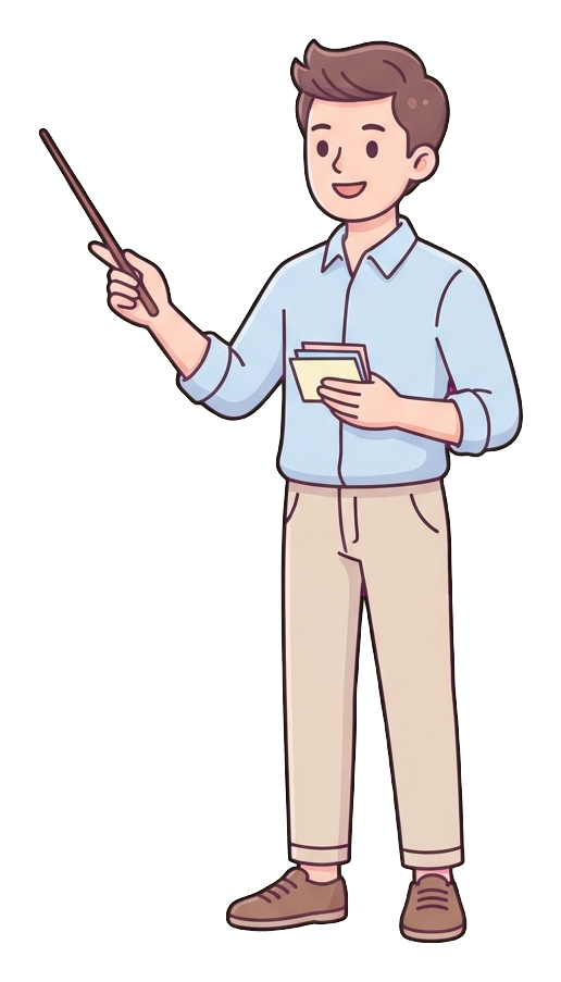 Simple cute flat cartoon illustration with soft pastel colors and thin clean dark outlines of a young man, person giving a presentation with a pointer stick, transparent background PNG