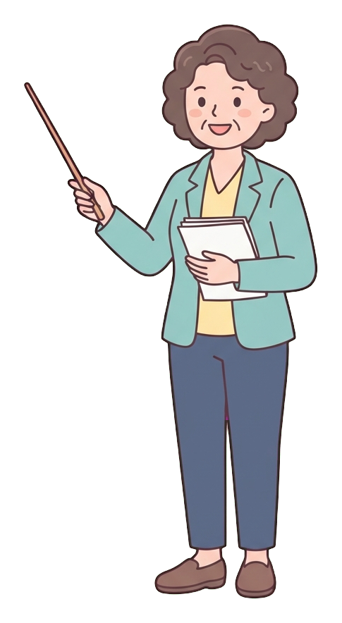Simple cute flat cartoon illustration with soft pastel colors and thin clean dark outlines of a middle-aged woman, person giving a presentation with a pointer stick, transparent background PNG