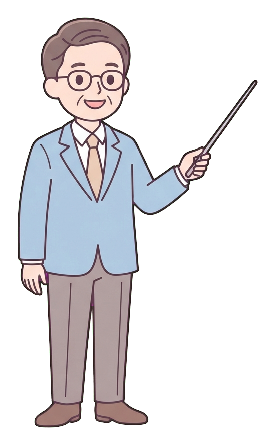 Simple cute flat cartoon illustration with soft pastel colors and thin clean dark outlines of a middle-aged man, person giving a presentation with a pointer stick, transparent background PNG