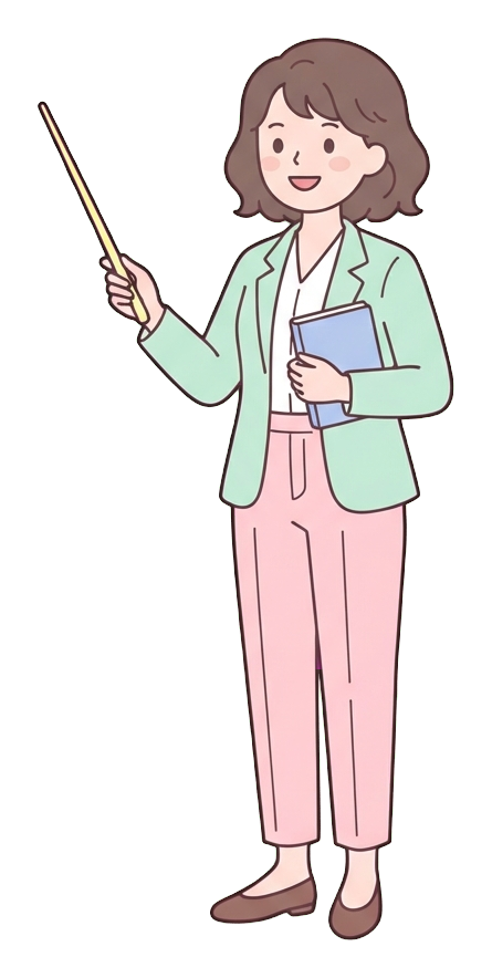 Simple cute flat cartoon illustration with soft pastel colors and thin clean dark outlines of a young woman, person giving a presentation with a pointer stick, transparent background PNG