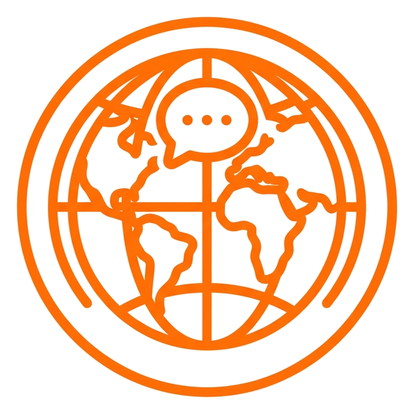 Rounded line icon, thick orange outline of a globe language icon, transparent background PNG