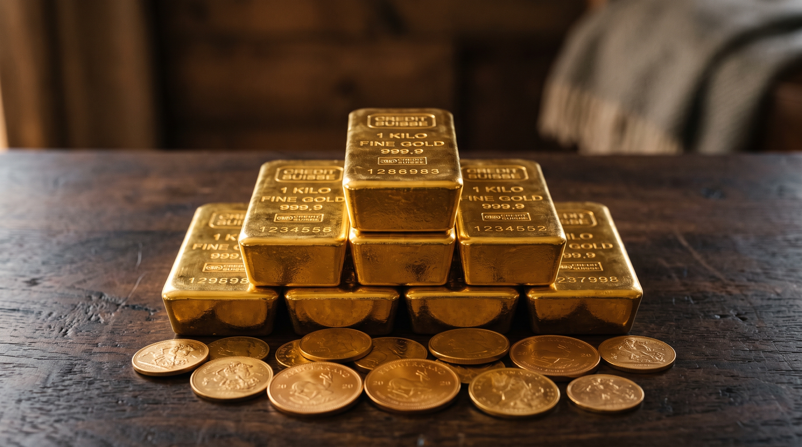 Cinematic film still of gold bars and coins, centered subject with a simple uncluttered composition, warm golden light, calm mood, 16:9 aspect ratio