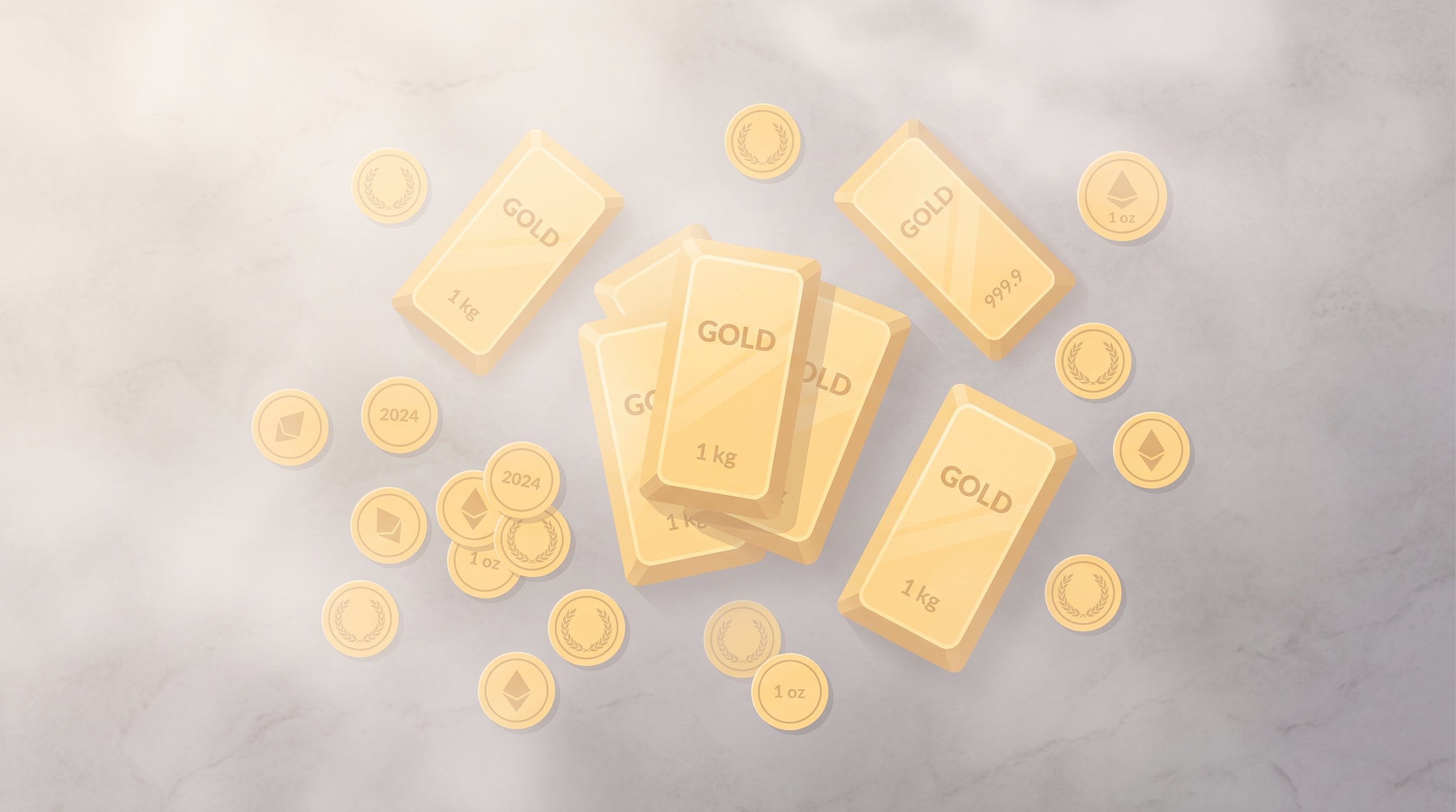Minimal flat illustration of gold bars and coins, high-angle view from above, misty morning haze, dreamy, 16:9 aspect ratio