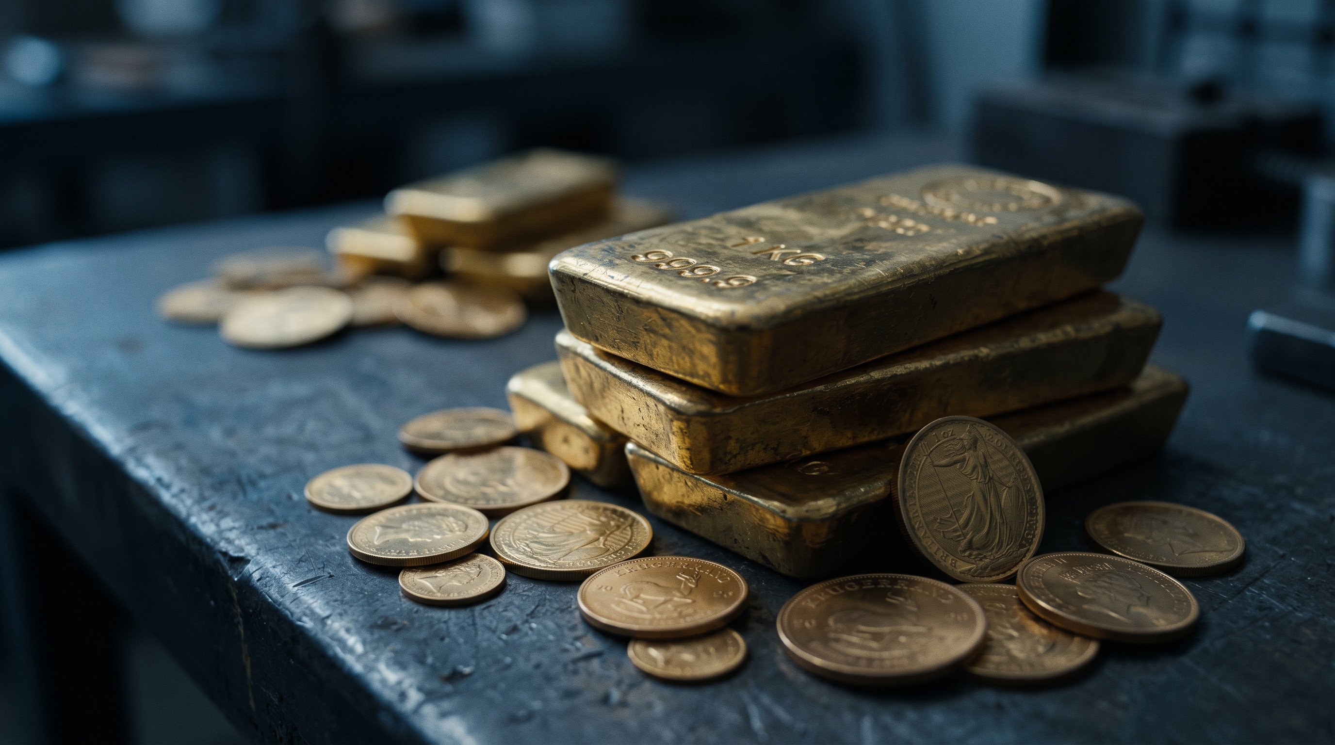Cinematic film still of gold bars and coins, close-up detail with shallow depth of field, cool blue tones, quiet atmosphere, 16:9 aspect ratio