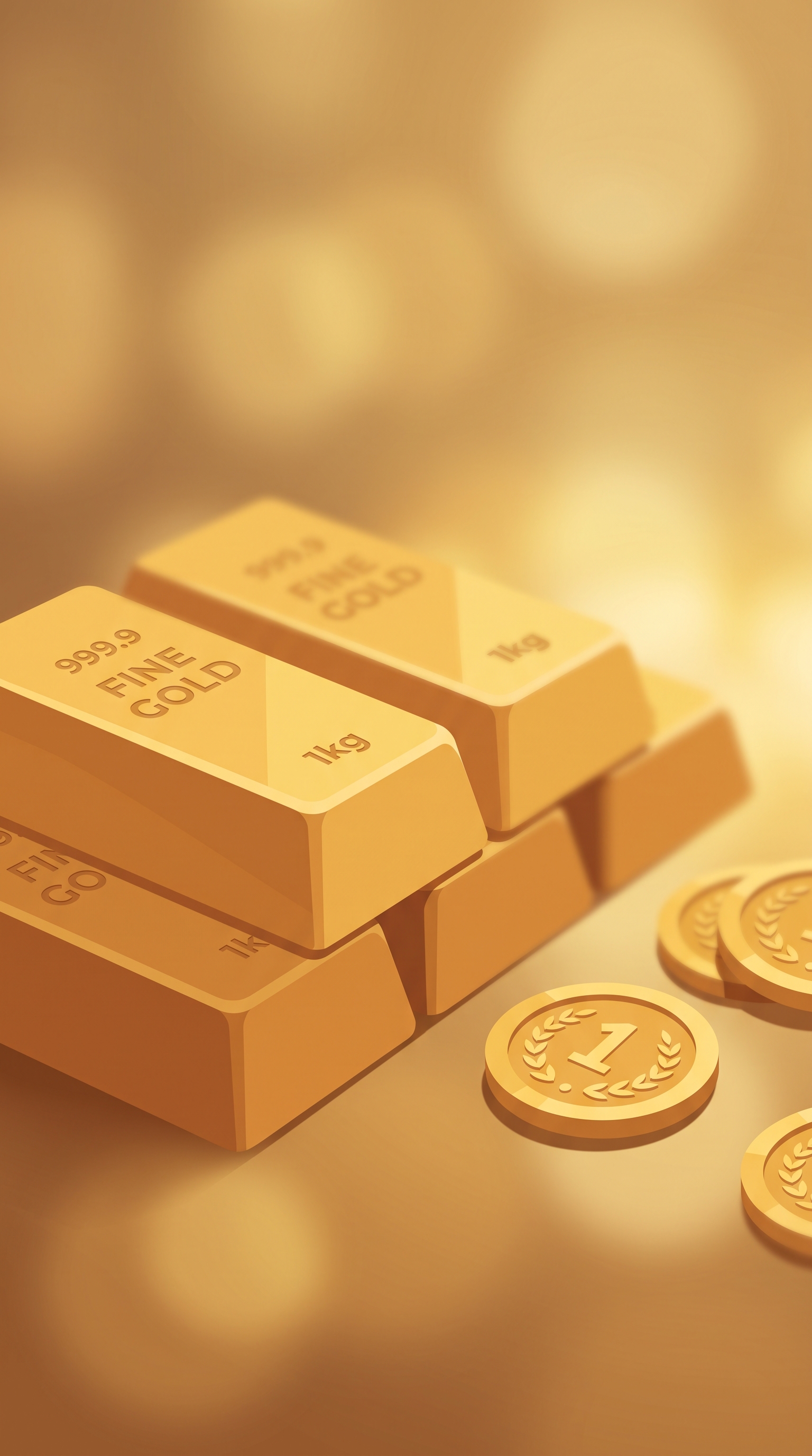 Minimal flat illustration of gold bars and coins, close-up detail with shallow depth of field, warm golden light, calm mood, 9:16 aspect ratio