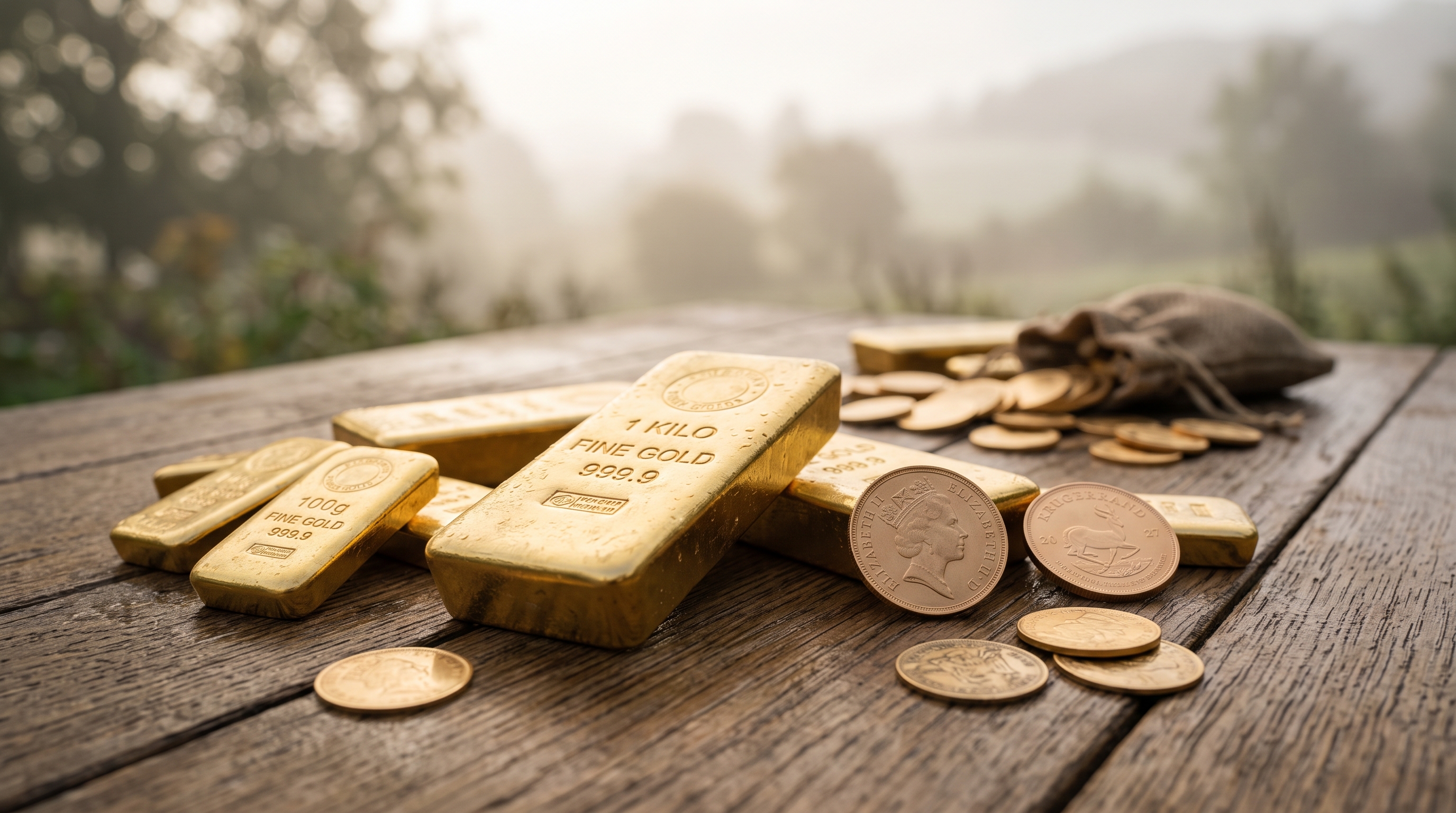 Photorealistic photo of gold bars and coins, close-up detail with shallow depth of field, misty morning haze, dreamy, 16:9 aspect ratio