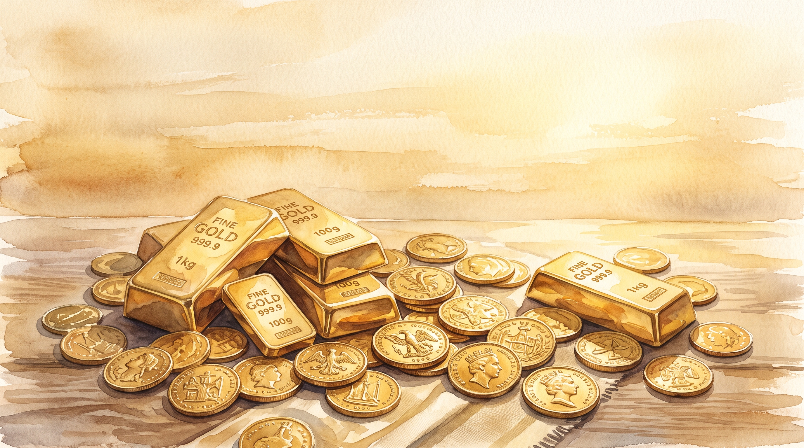 Watercolor illustration of gold bars and coins, wide shot with open space at the top for text, warm golden light, calm mood, 16:9 aspect ratio