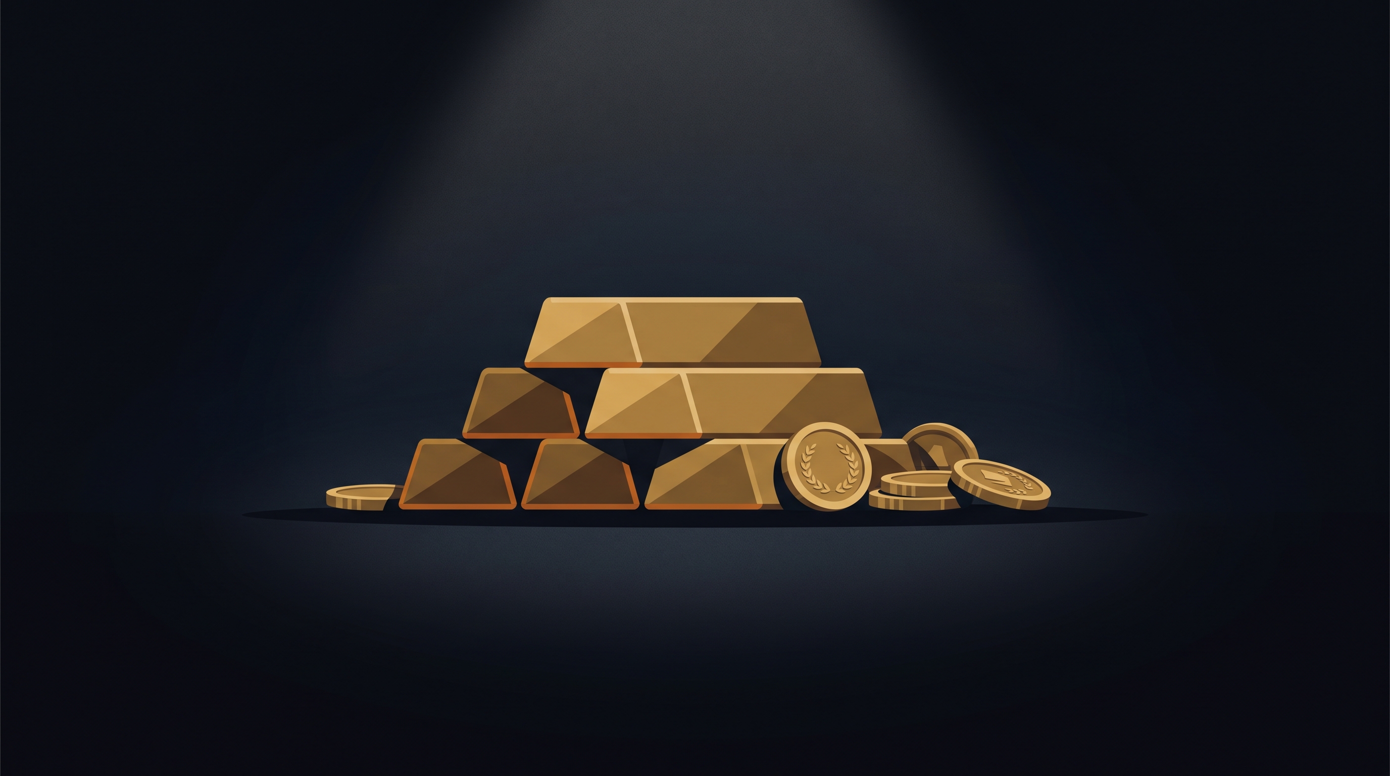 Minimal flat illustration of gold bars and coins, centered subject with a simple uncluttered composition, moody dark tones, dramatic lighting, 16:9 aspect ratio