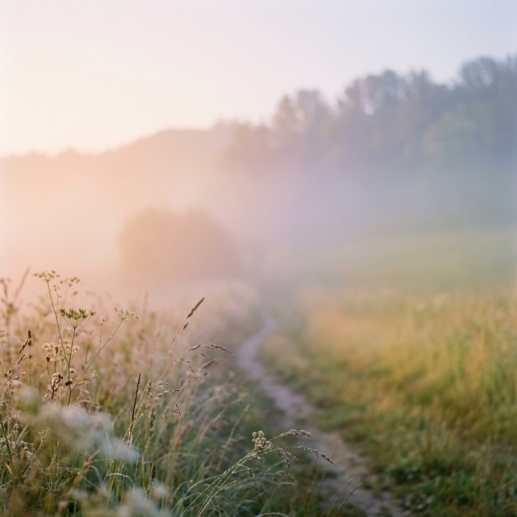 Photorealistic photo of smooth color gradient, close-up detail with shallow depth of field, misty morning haze, dreamy, 1:1 aspect ratio