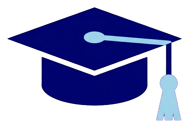 Icono de dos tonos, azul marino y azul claro de un icono de birrete de graduación, fondo transparente PNG