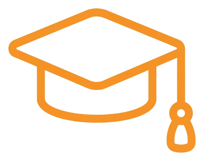Rounded line icon, thick orange outline of a graduation cap icon, transparent background PNG