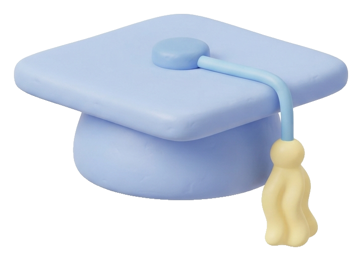 Soft 3D icon, pastel clay render of a graduation cap icon, transparent background PNG