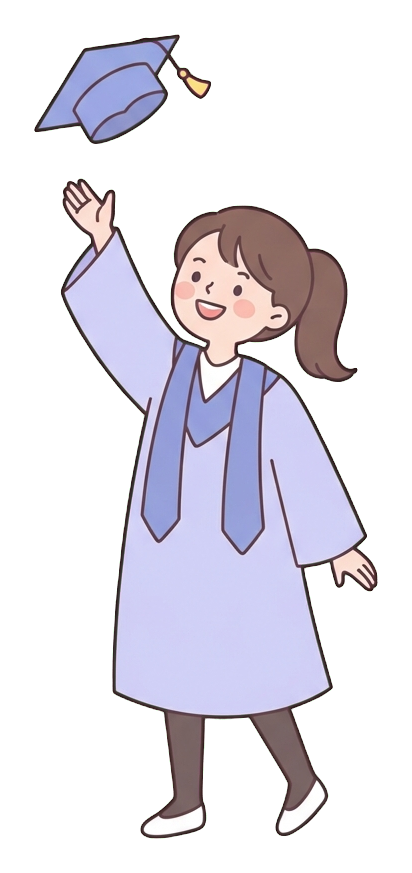 Simple cute flat cartoon illustration with soft pastel colors and thin clean dark outlines of a university student woman, graduate in a cap and gown throwing the cap in the air, transparent background PNG