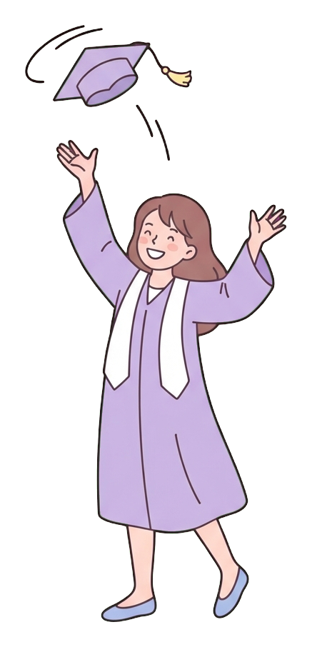 Simple cute flat cartoon illustration with soft pastel colors and thin clean dark outlines of a high school girl, graduate in a cap and gown throwing the cap in the air, transparent background PNG