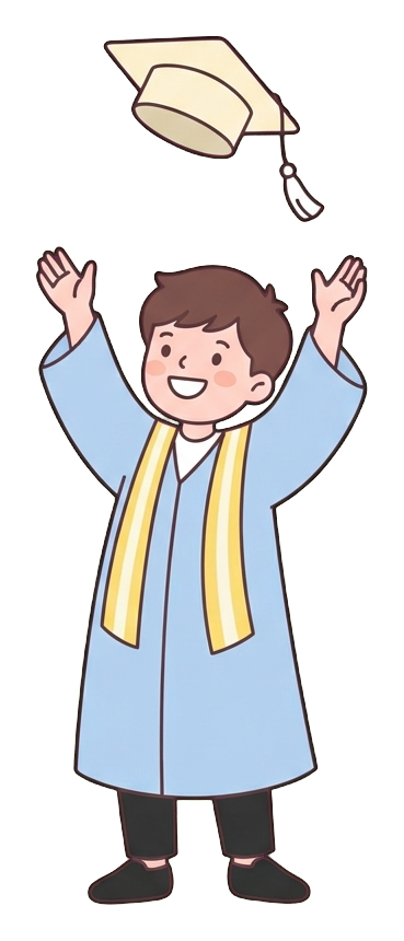 Simple cute flat cartoon illustration with soft pastel colors and thin clean dark outlines of a high school boy, graduate in a cap and gown throwing the cap in the air, transparent background PNG