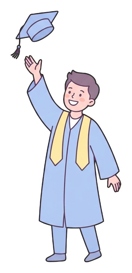 Simple cute flat cartoon illustration with soft pastel colors and thin clean dark outlines of a university student man, graduate in a cap and gown throwing the cap in the air, transparent background PNG