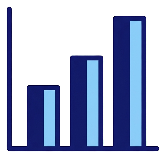 Duotone icon, navy blue and light blue of a rising bar chart icon, transparent background PNG