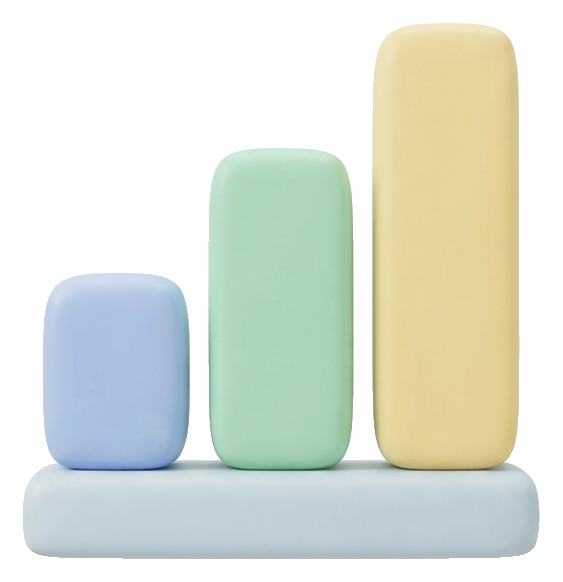 Soft 3D icon, pastel clay render of a rising bar chart icon, transparent background PNG