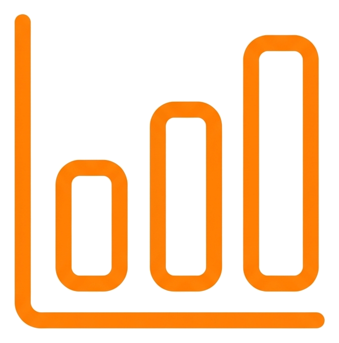Rounded line icon, thick orange outline of a rising bar chart icon, transparent background PNG