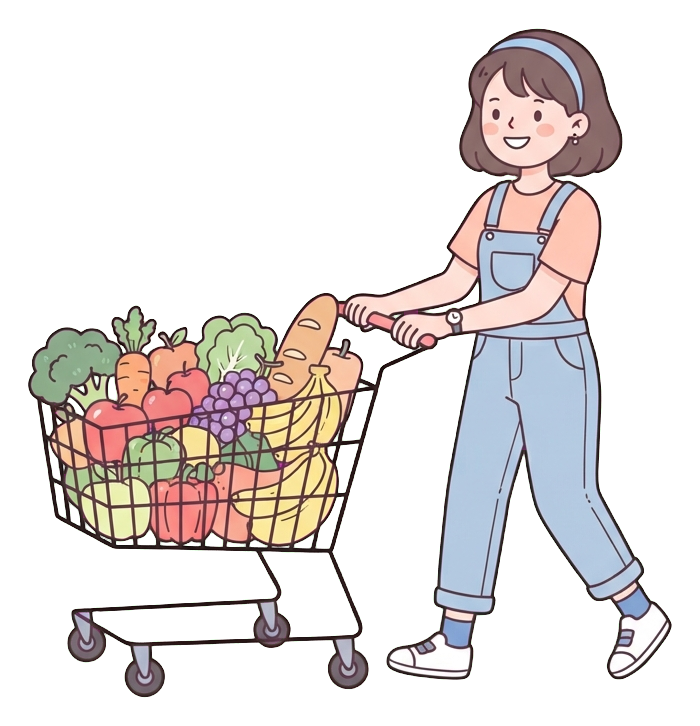 Simple cute flat cartoon illustration with soft pastel colors and thin clean dark outlines of a young woman, person pushing a shopping cart full of vegetables and fruit, transparent background PNG