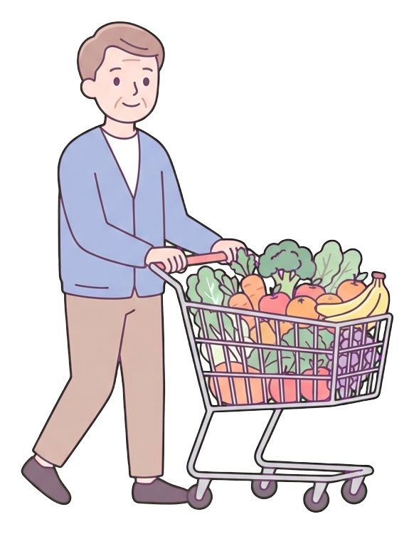 Simple cute flat cartoon illustration with soft pastel colors and thin clean dark outlines of a middle-aged man, person pushing a shopping cart full of vegetables and fruit, transparent background PNG