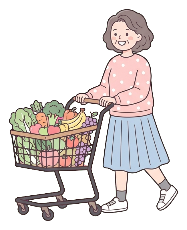Simple cute flat cartoon illustration with soft pastel colors and thin clean dark outlines of a middle-aged woman, person pushing a shopping cart full of vegetables and fruit, transparent background PNG