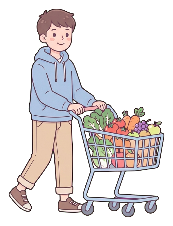 Simple cute flat cartoon illustration with soft pastel colors and thin clean dark outlines of a young man, person pushing a shopping cart full of vegetables and fruit, transparent background PNG