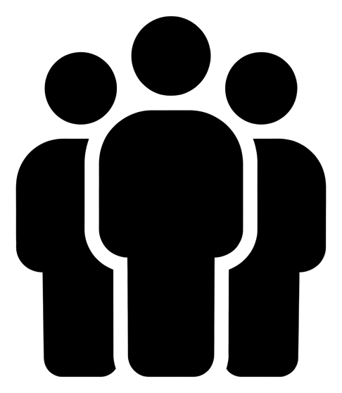 Icono de glifo negro negrita, silueta sólida rellena de un icono de grupo de tres personas, PNG con fondo transparente