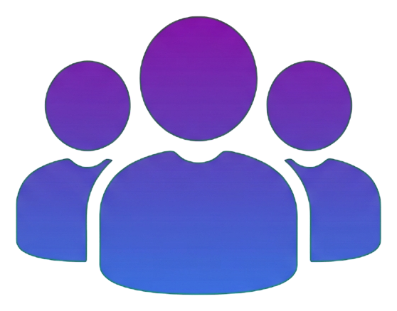 Icono de estilo de aplicación con degradado, de púrpura a azul de un icono de grupo de tres personas, PNG con fondo transparente
