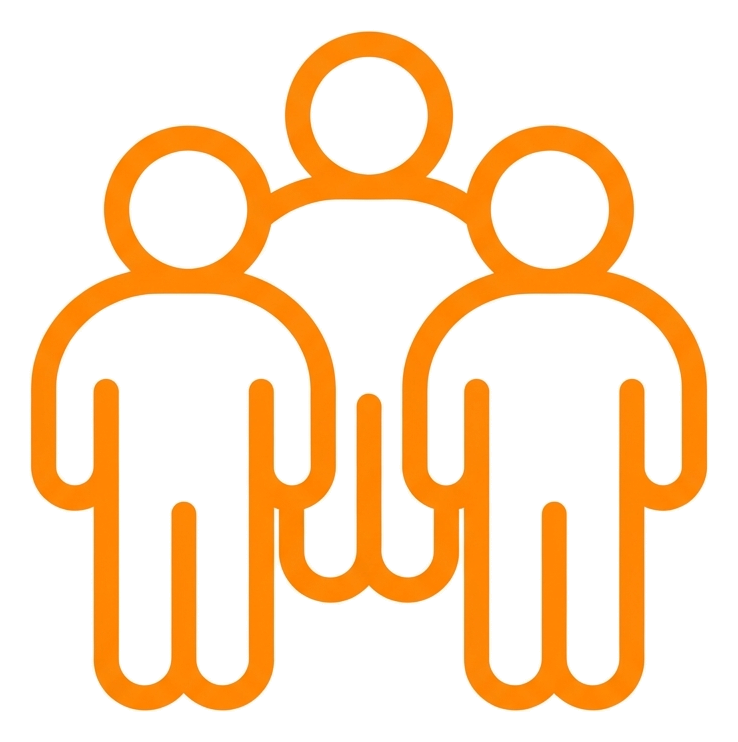 Rounded line icon, thick orange outline of a group of three people icon, transparent background PNG