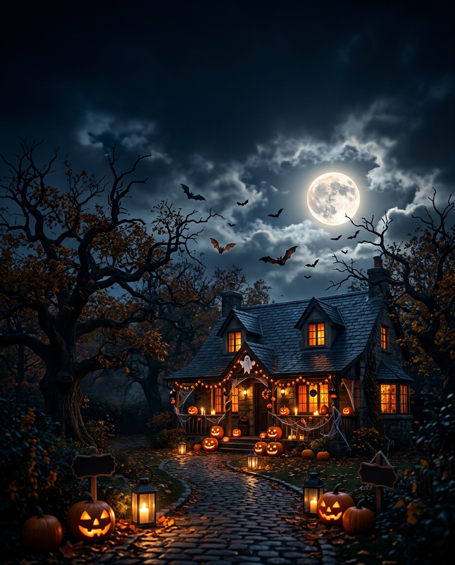 Photorealistic photo of a spooky but cute halloween night with bats and a full moon, wide shot with open space at the top for text, moody dark tones, dramatic lighting, 4:5 aspect ratio