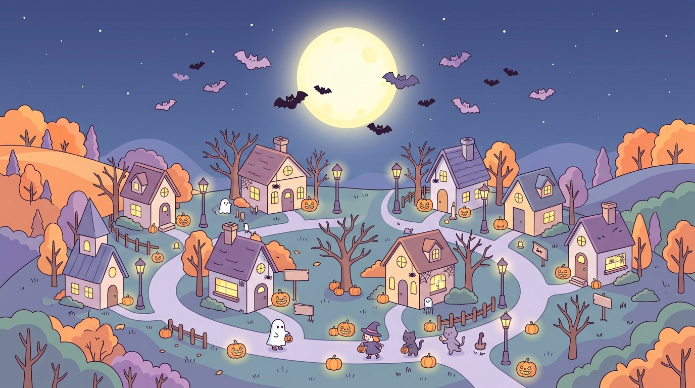 Minimal flat illustration of a spooky but cute halloween night with bats and a full moon, high-angle view from above, soft pastel colors, bright and cozy, 16:9 aspect ratio
