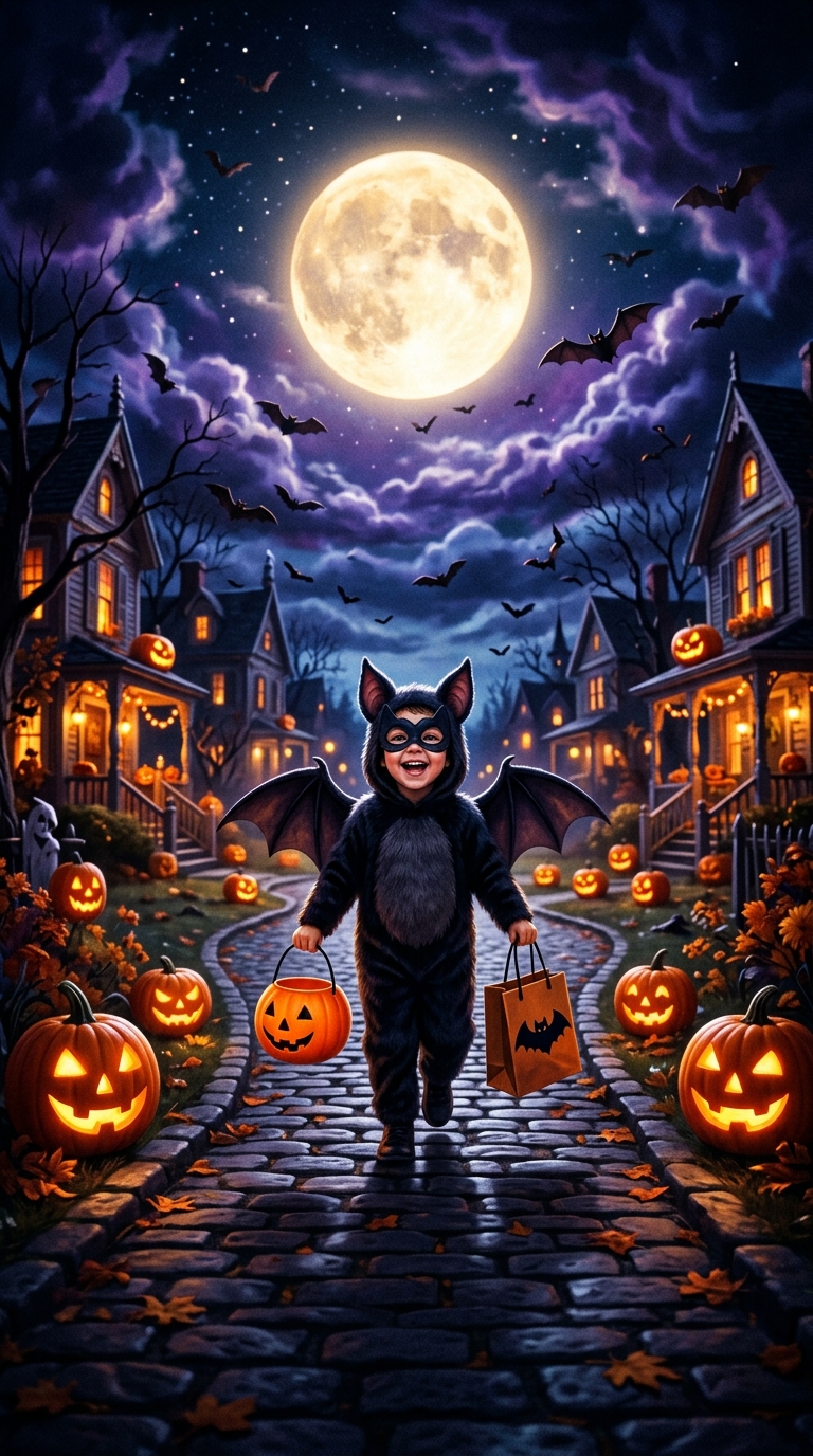 Cinematic film still of a spooky but cute halloween night with bats and a full moon, centered subject with a simple uncluttered composition, vivid colors, high contrast, energetic, 9:16 aspect ratio