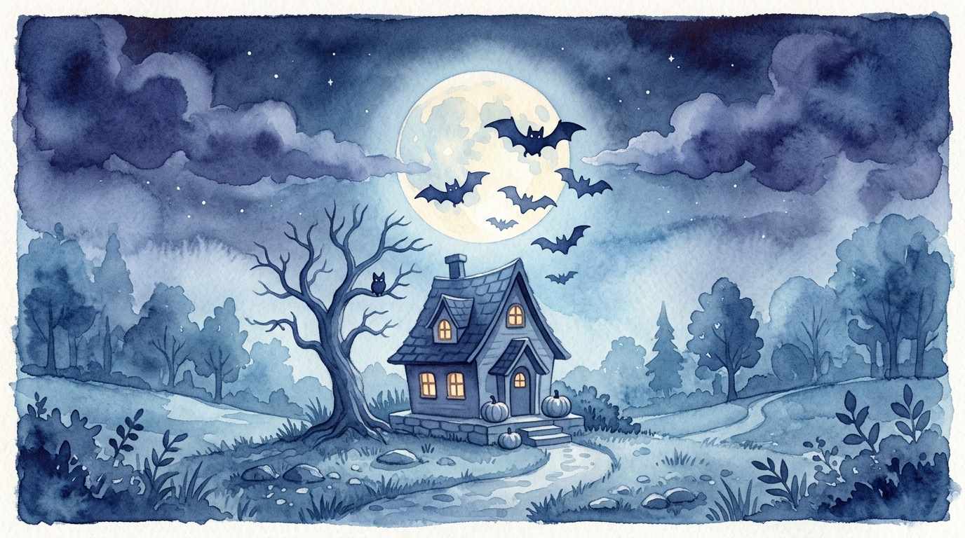 Watercolor illustration of a spooky but cute halloween night with bats and a full moon, centered subject with a simple uncluttered composition, cool blue tones, quiet atmosphere, 16:9 aspect ratio