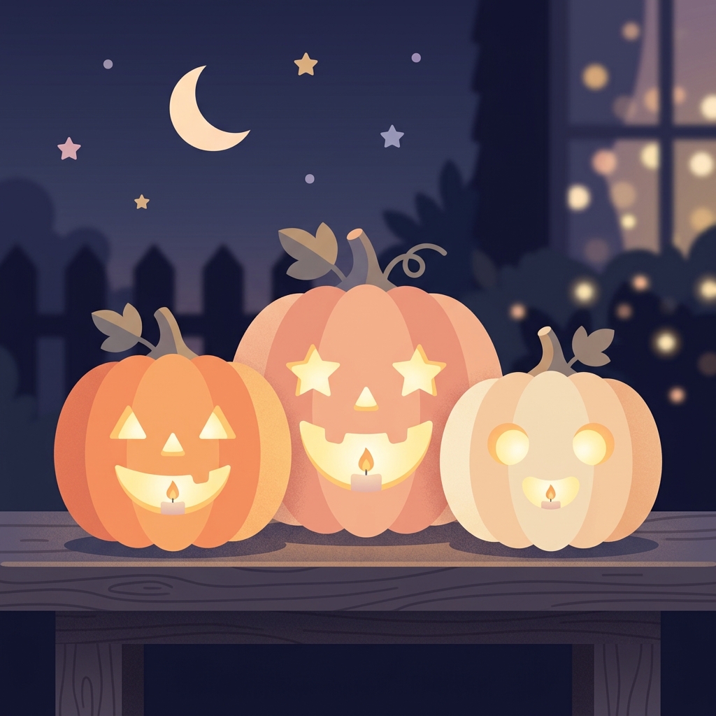 Minimal flat illustration of cute carved pumpkins with candles at night, centered subject with a simple uncluttered composition, soft pastel colors, bright and cozy, 1:1 aspect ratio