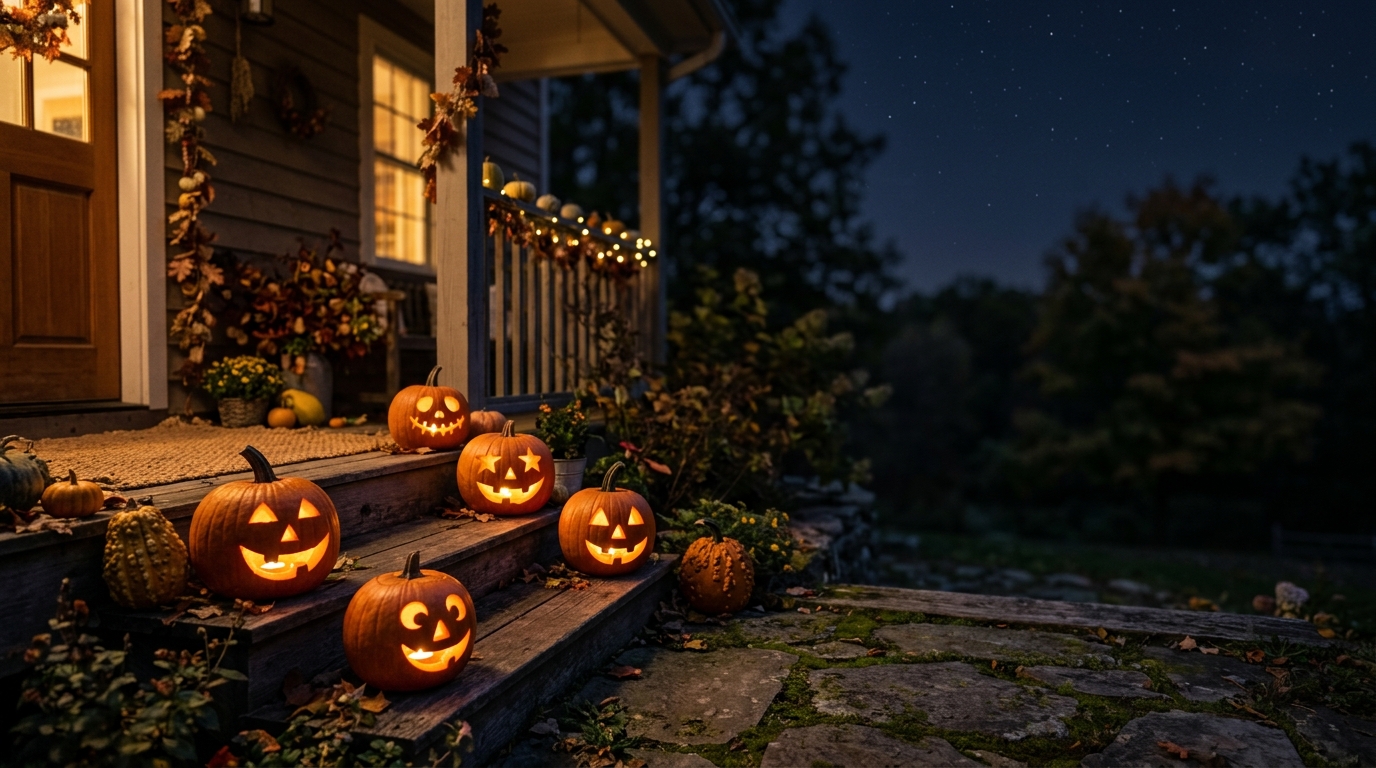 Photorealistic photo of cute carved pumpkins with candles at night, wide shot with open space at the top for text, warm golden light, calm mood, 16:9 aspect ratio