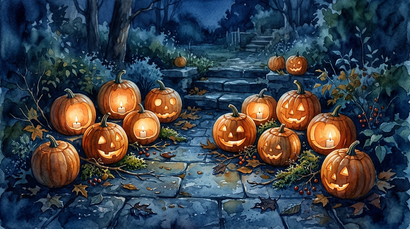 Watercolor illustration of cute carved pumpkins with candles at night, high-angle view from above, cool blue tones, quiet atmosphere, 16:9 aspect ratio