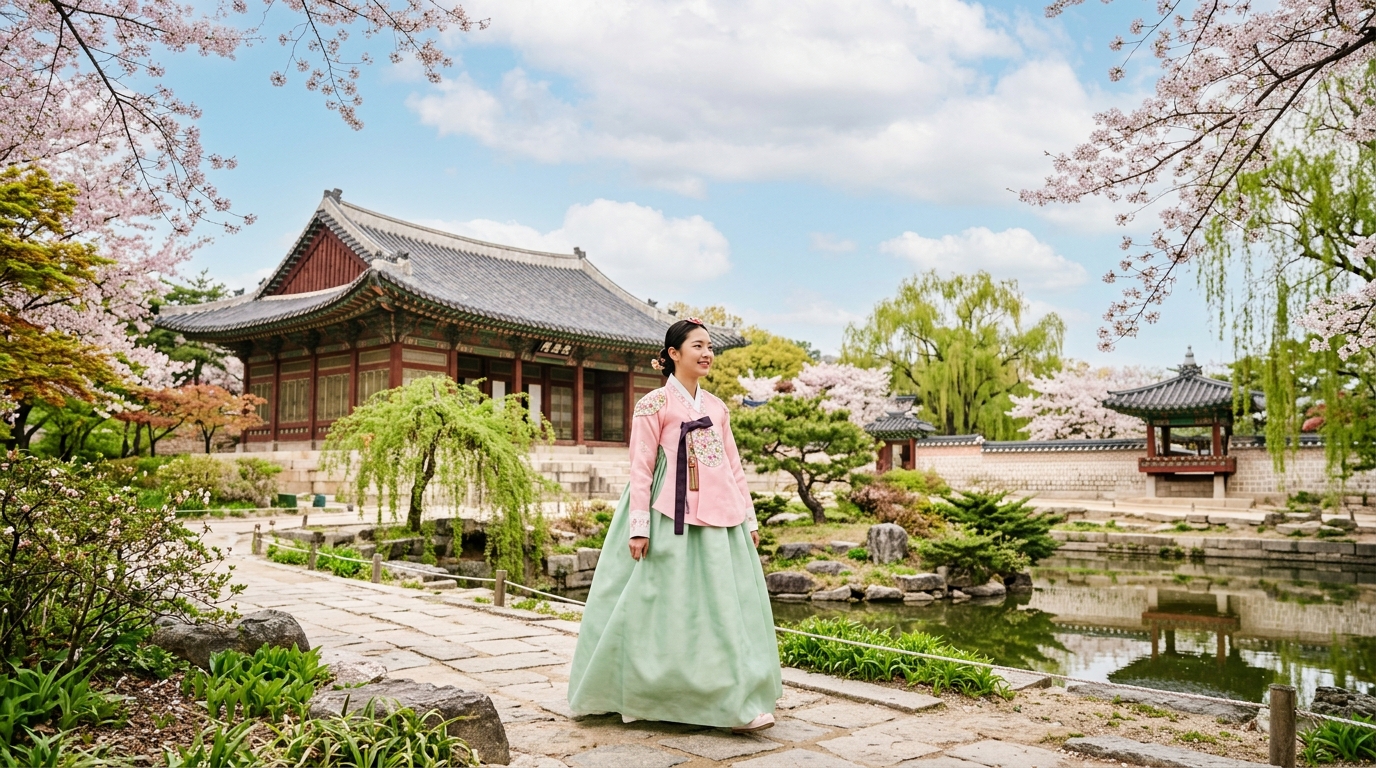 Photorealistic photo of a fictional woman wearing a traditional korean hanbok in a palace garden, wide shot with open space at the top for text, soft pastel colors, bright and cozy, 16:9 aspect ratio