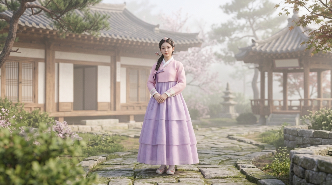 Soft 3d render of a fictional woman wearing a traditional korean hanbok in a palace garden, centered subject with a simple uncluttered composition, misty morning haze, dreamy, 16:9 aspect ratio