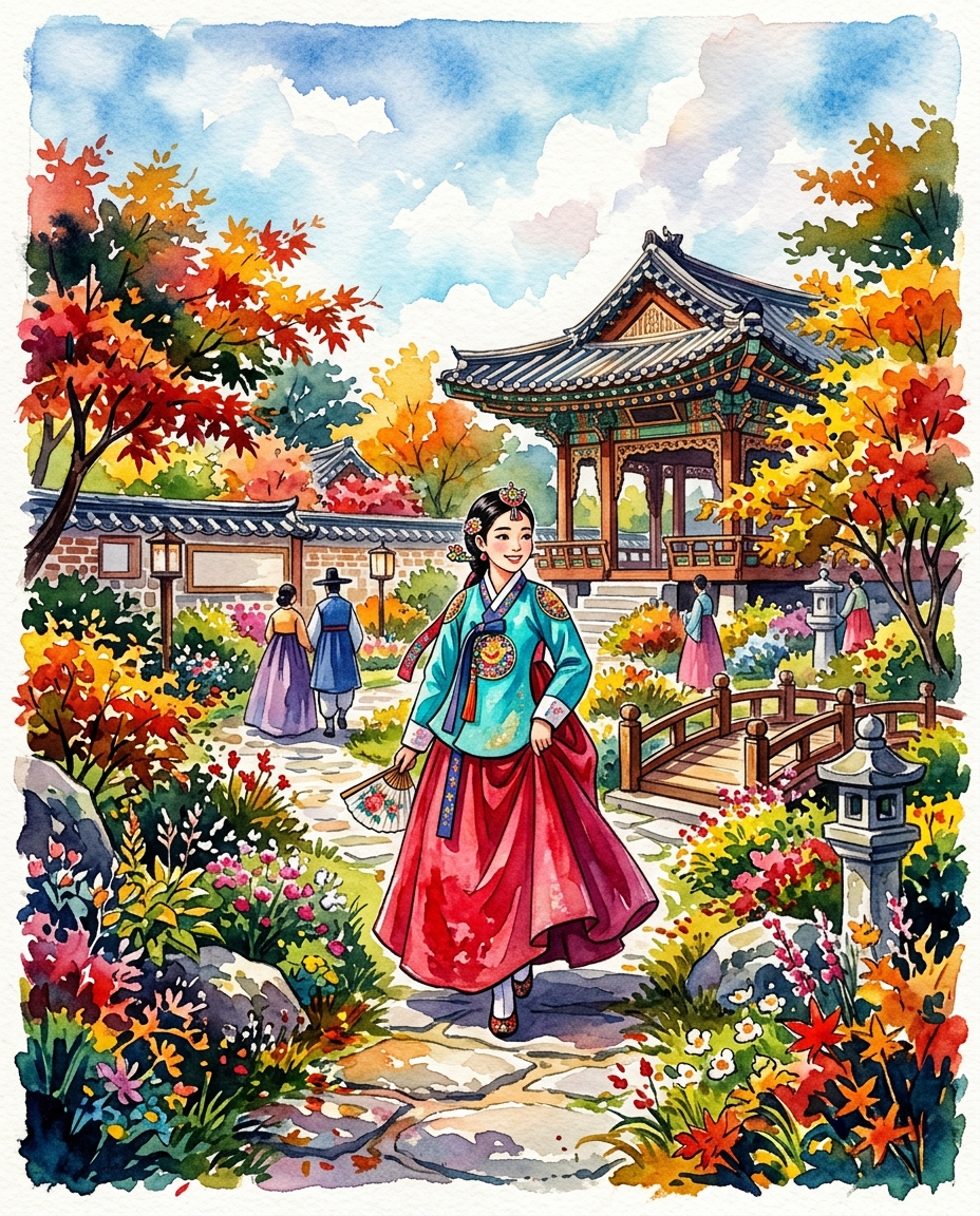 Watercolor illustration of a fictional woman wearing a traditional korean hanbok in a palace garden, wide shot with open space at the top for text, vivid colors, high contrast, energetic, 4:5 aspect ratio