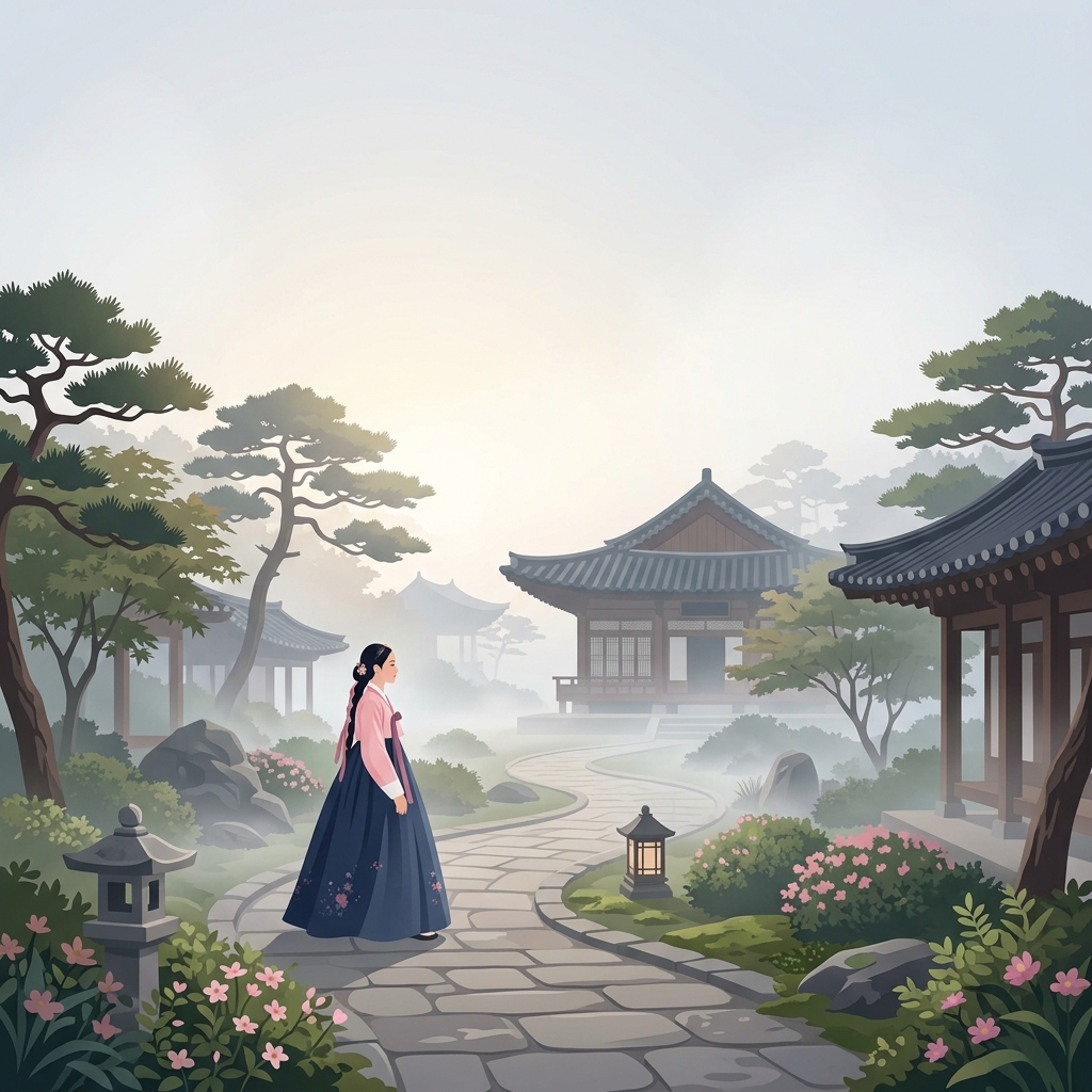 Minimal flat illustration of a fictional woman wearing a traditional korean hanbok in a palace garden, wide shot with open space at the top for text, misty morning haze, dreamy, 1:1 aspect ratio
