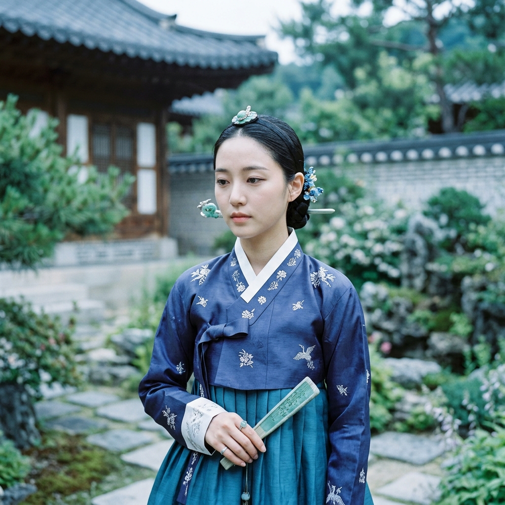 Photorealistic photo of a fictional woman wearing a traditional korean hanbok in a palace garden, close-up detail with shallow depth of field, cool blue tones, quiet atmosphere, 1:1 aspect ratio