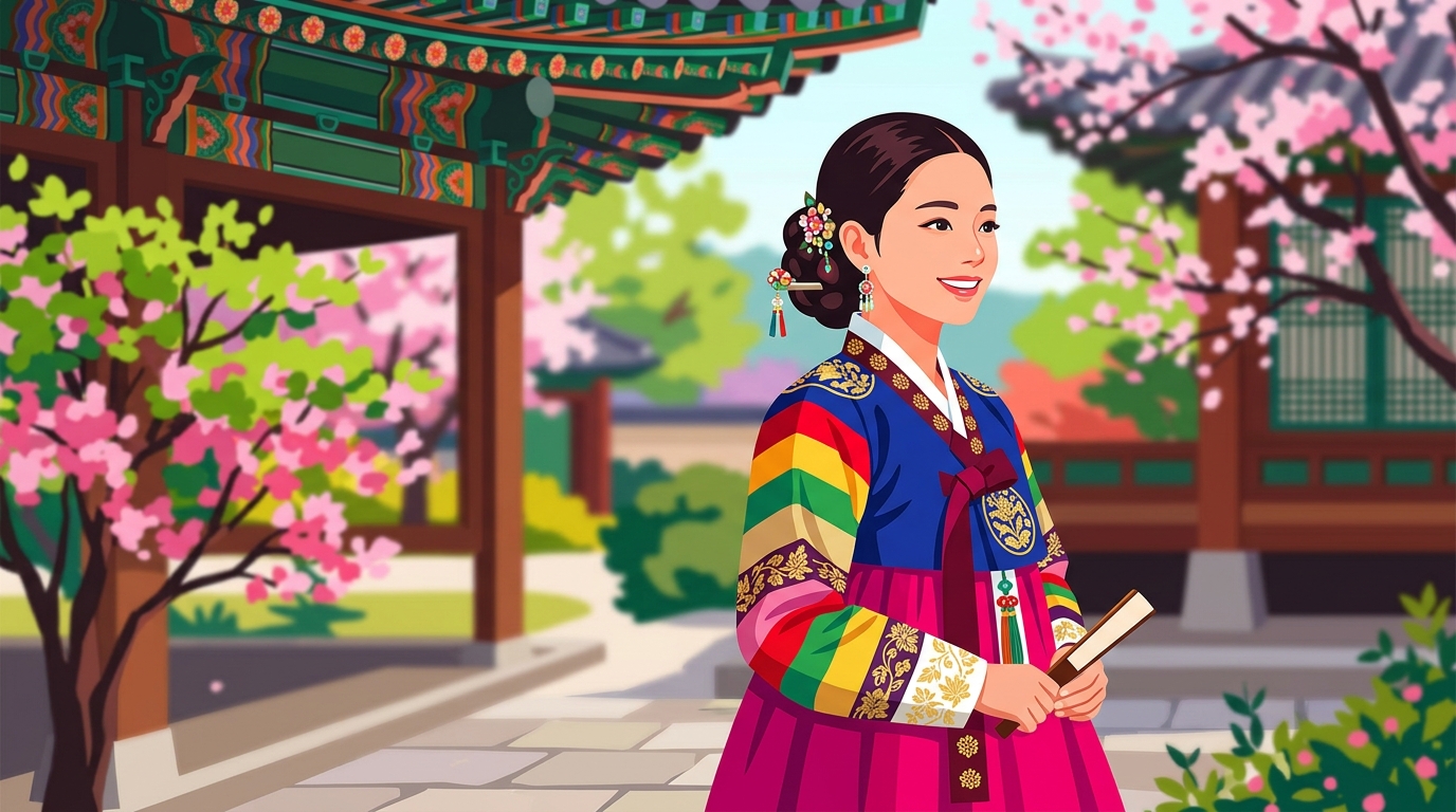 Minimal flat illustration of a fictional woman wearing a traditional korean hanbok in a palace garden, close-up detail with shallow depth of field, vivid colors, high contrast, energetic, 16:9 aspect ratio