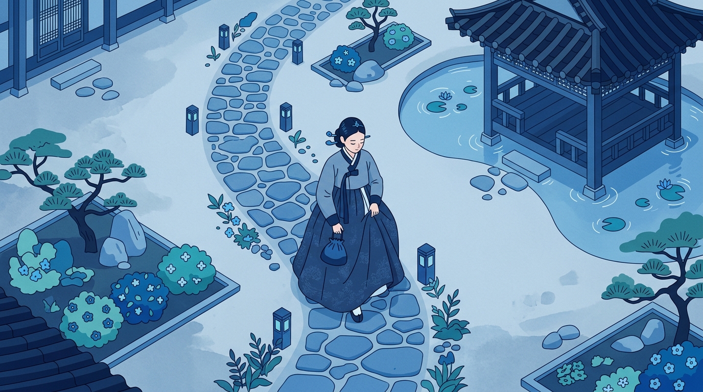 Minimal flat illustration of a fictional woman wearing a traditional korean hanbok in a palace garden, high-angle view from above, cool blue tones, quiet atmosphere, 16:9 aspect ratio