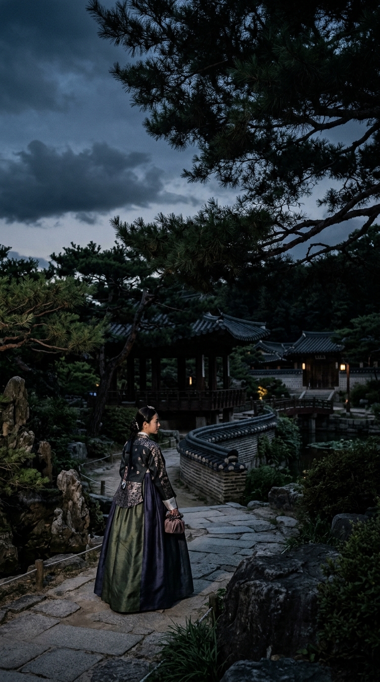 Cinematic film still of a fictional woman wearing a traditional korean hanbok in a palace garden, wide shot with open space at the top for text, moody dark tones, dramatic lighting, 9:16 aspect ratio